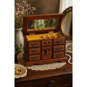 Vintage Miniature Dresser Jewelry Box Wood Vanity Storage Chest